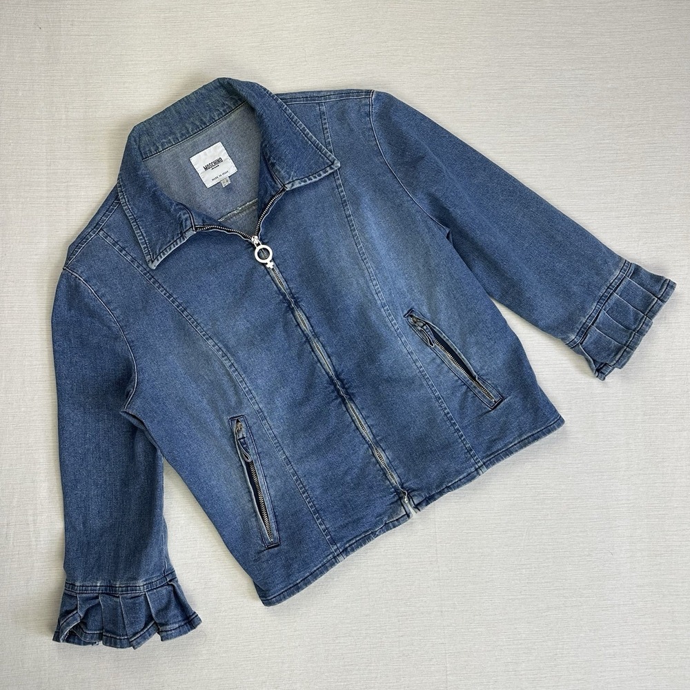 Vtg Moschino Jeans Denim Jacket 3/4 Sleeve Ruffled Women 12 Blue Fade Designer